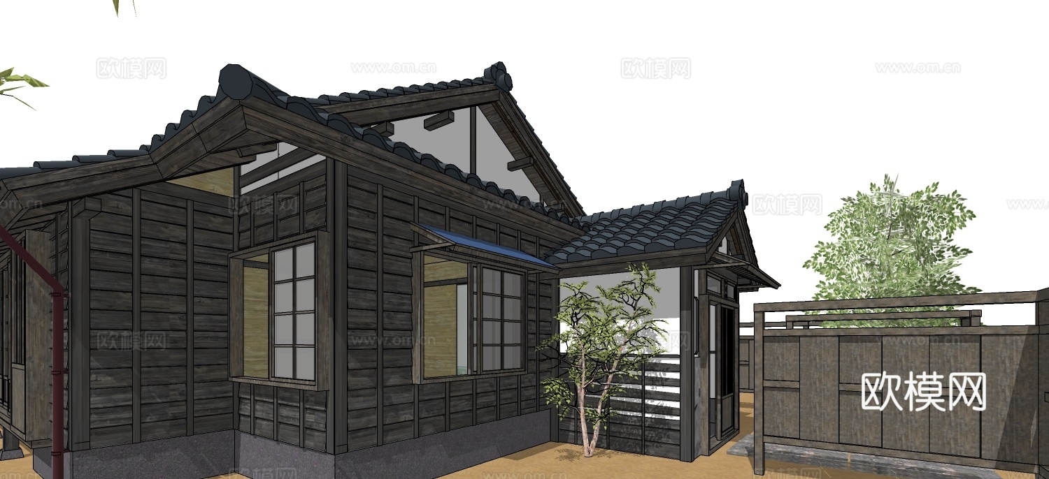 日式民宿房屋外观su模型下载