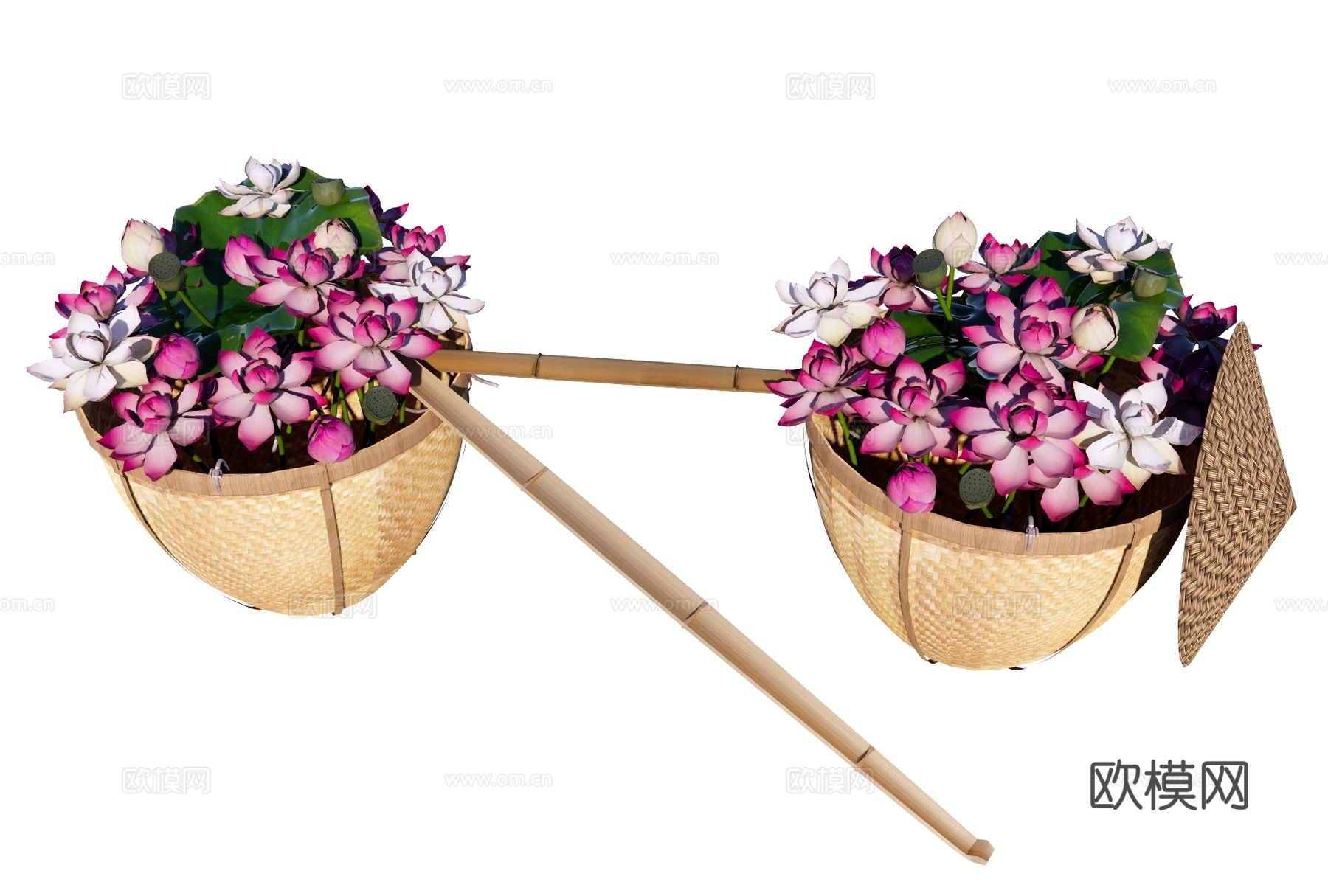 现代其他小品 扁担箩筐荷花 荷花担子 荷花荷叶莲蓬 贩卖荷花su模型