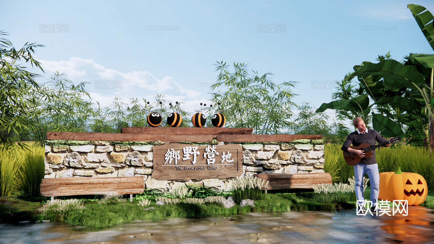 现代村庄入口景墙 石笼文化景墙su模型下载