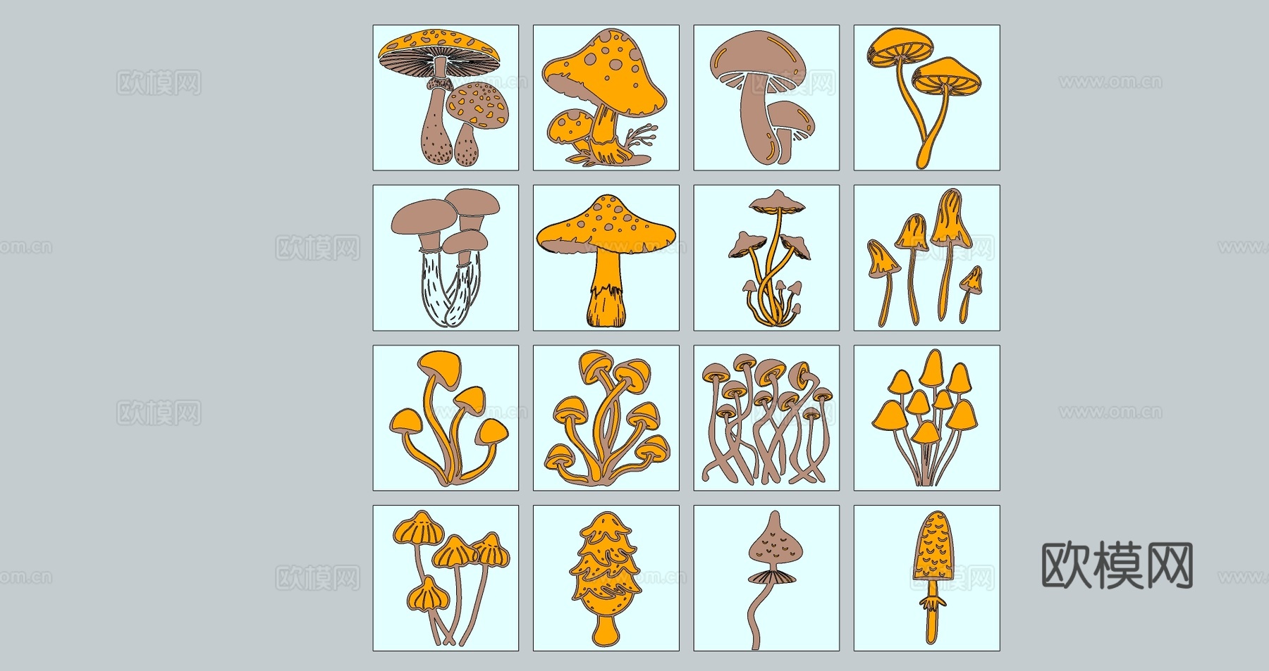现代植物蔬菜可爱卡通蘑菇剪影图标锈板