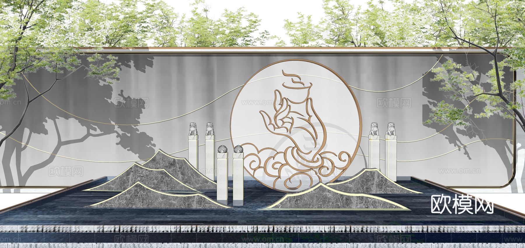 新中式片石拴马桩景观小品su模型下载