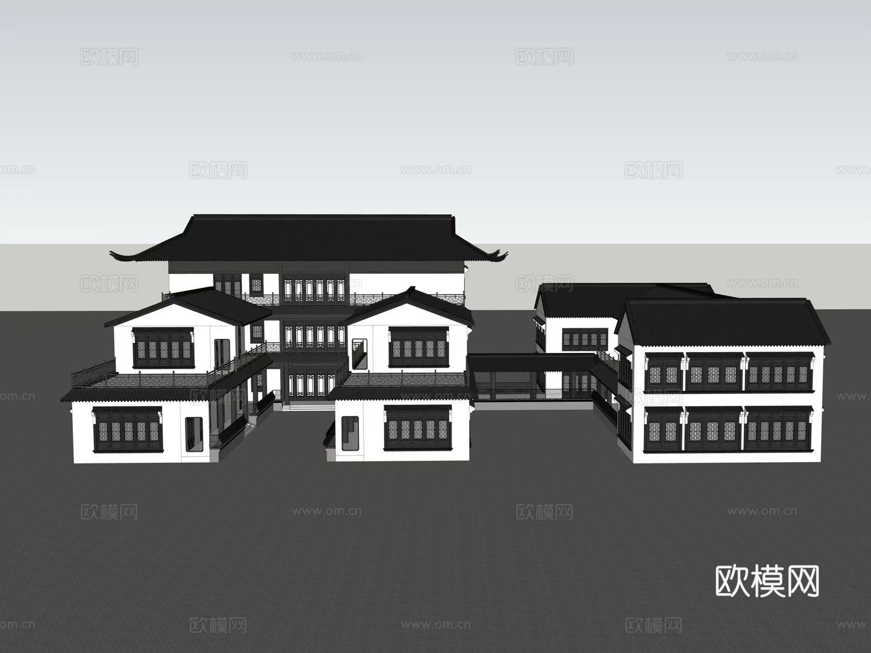 新中式乡村民居建筑外观su模型下载