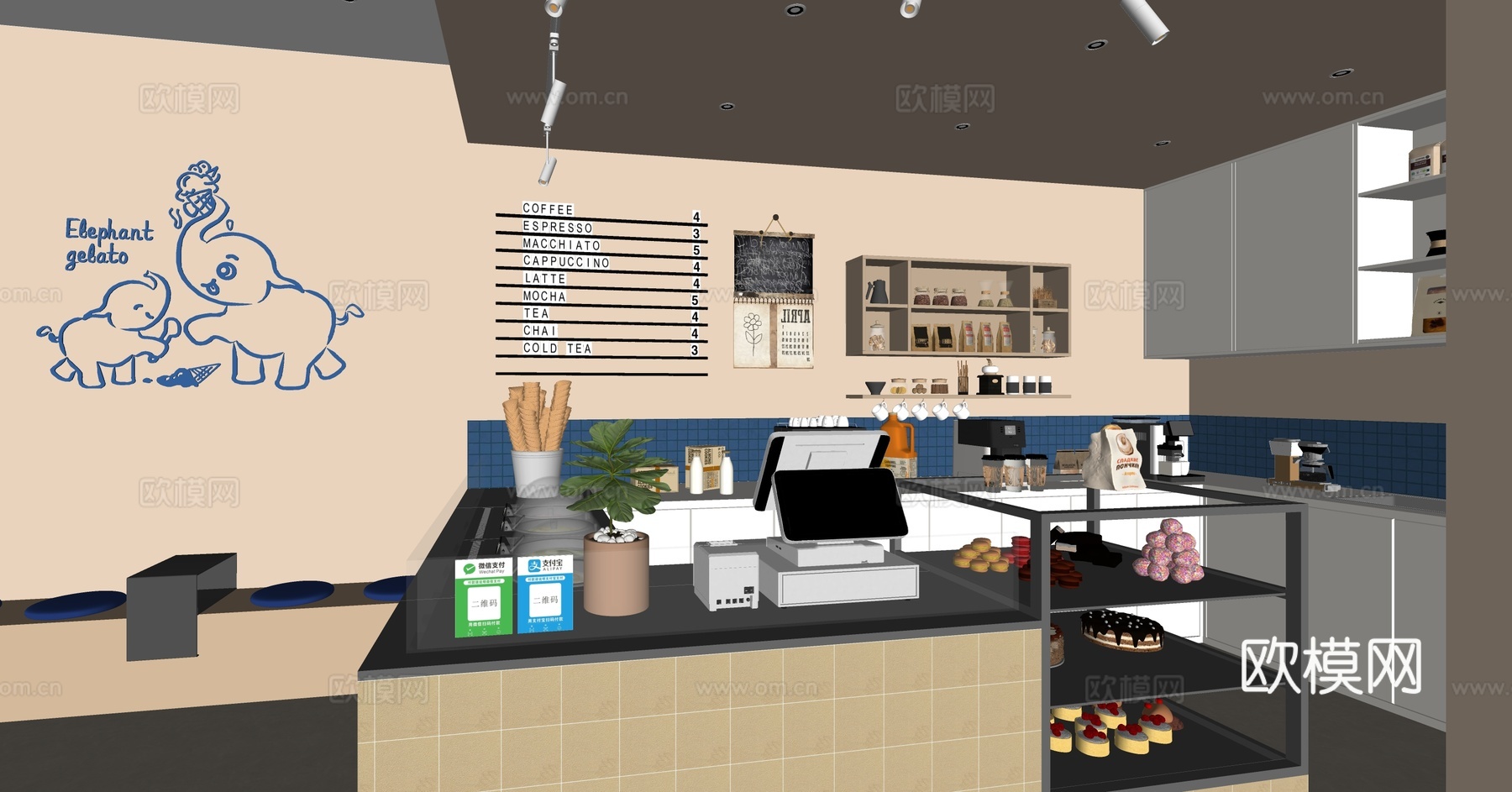 现代奶茶店 甜品面包店su模型下载