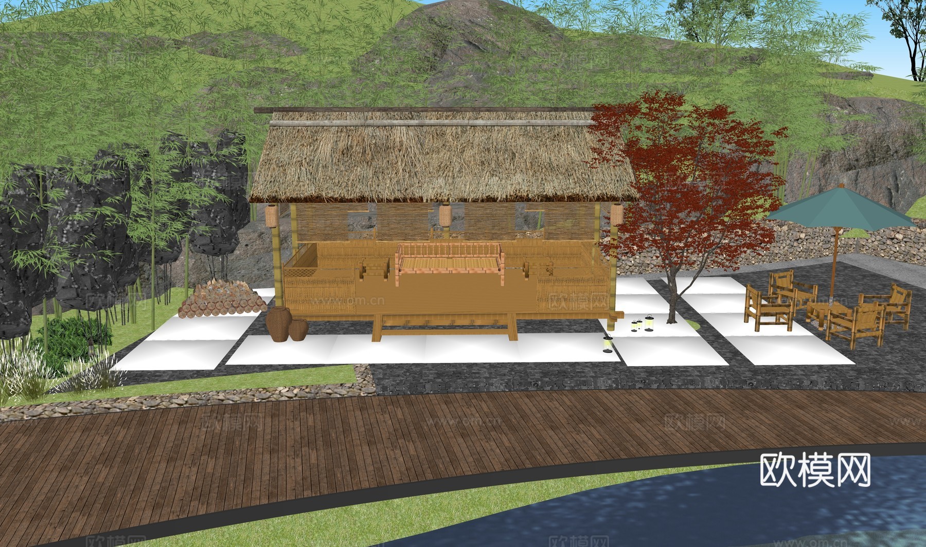新中式乡村庭院 新中式竹林茅草屋 茅草竹屋 山间小屋 生态竹su模型