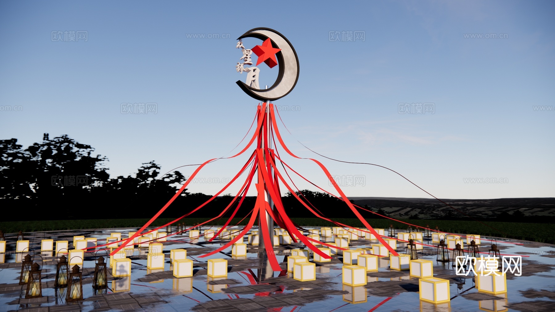 现代许愿广场景观 爱情精神堡垒 月亮主题雕塑 美陈广场雕塑 众星捧月su模型下载