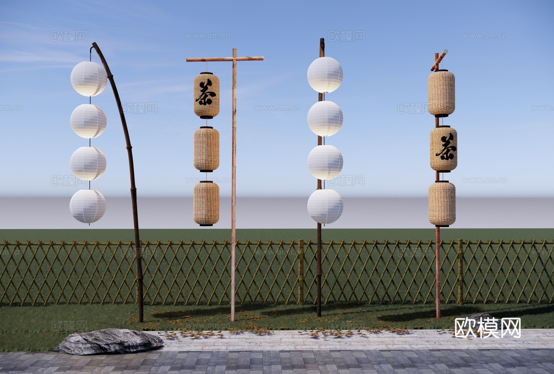 新中式高杆景观竹灯 乡村景观小品 竹灯笼 景观灯 庭院灯su模型下载（渲染图1）