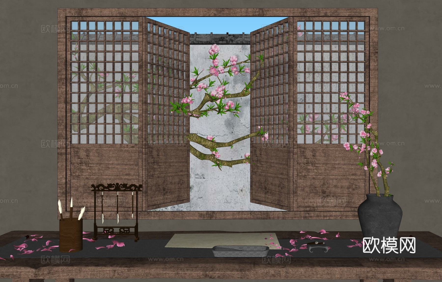 新中式书房画室 中式镂空木窗 中式园林窗景 桃花树桃花枝 室su模型