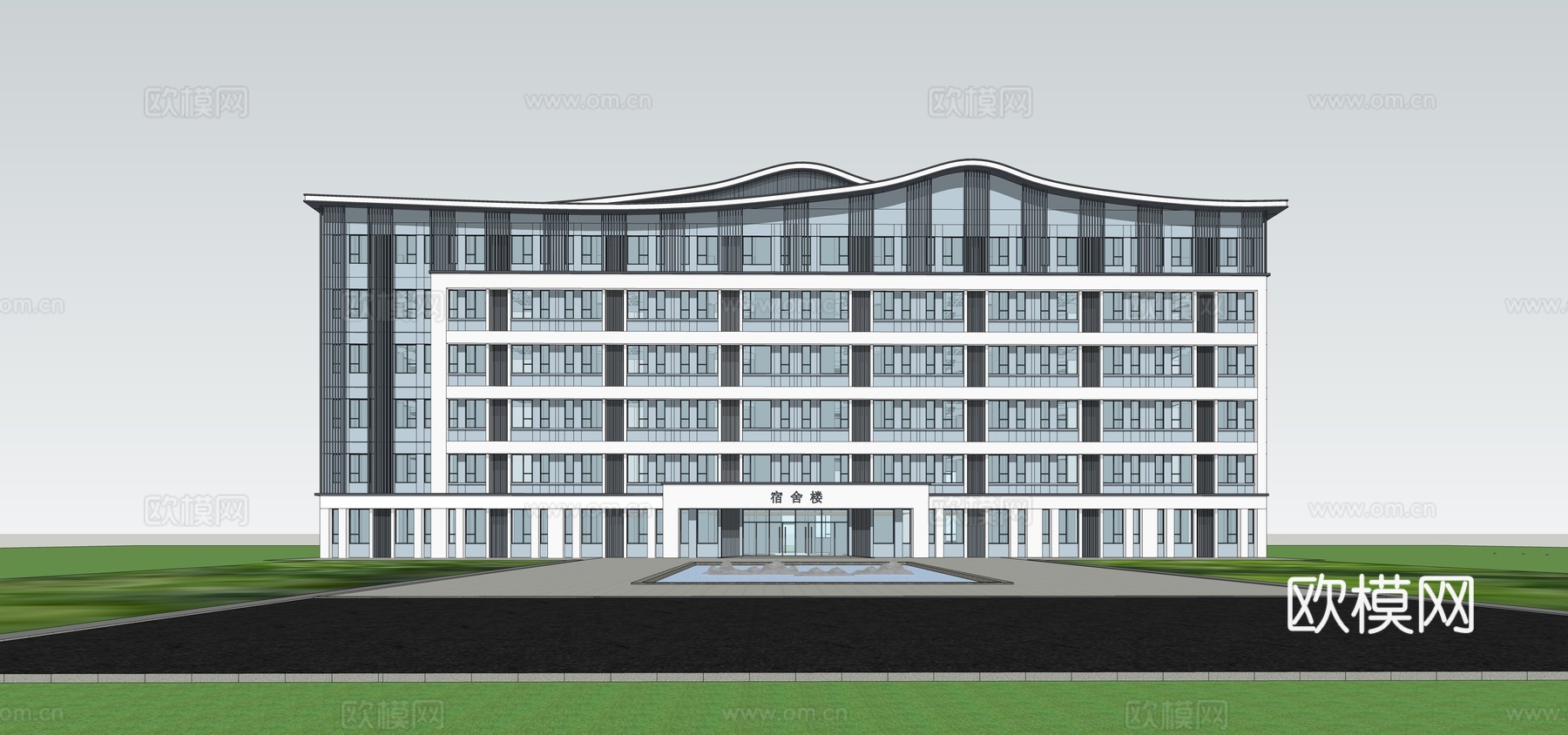 新中式宿舍楼建筑外观su模型下载