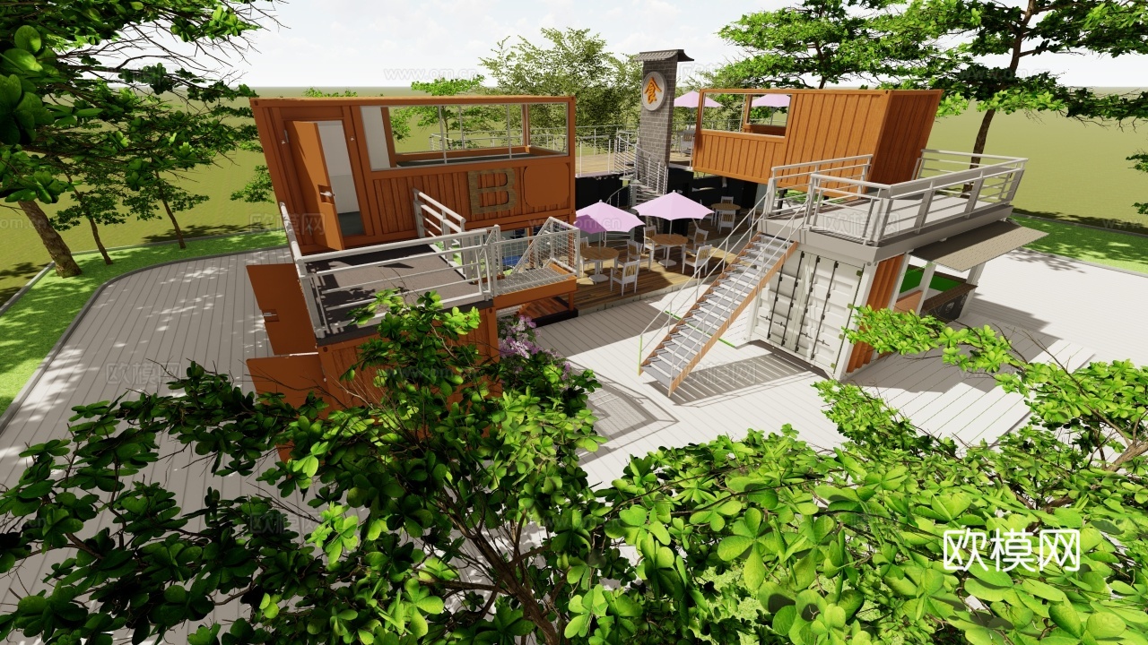 工业风集装箱建筑外观su模型下载