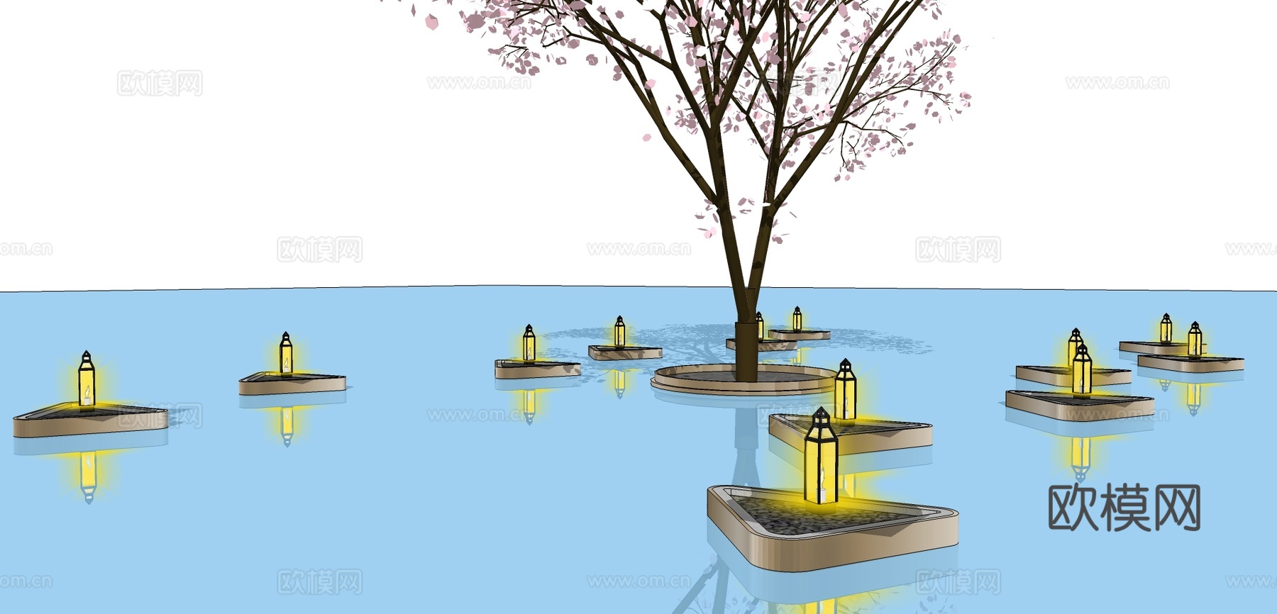 现代水池景观树su模型下载