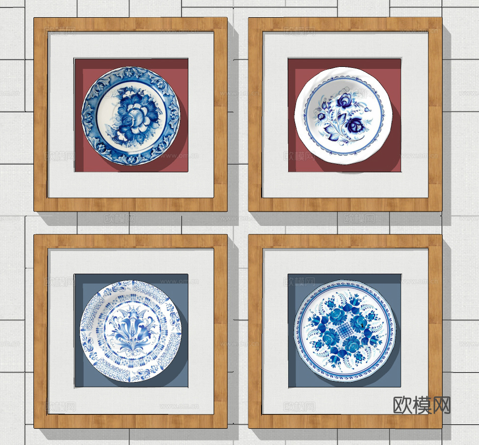 新中式青花瓷装饰画su模型下载
