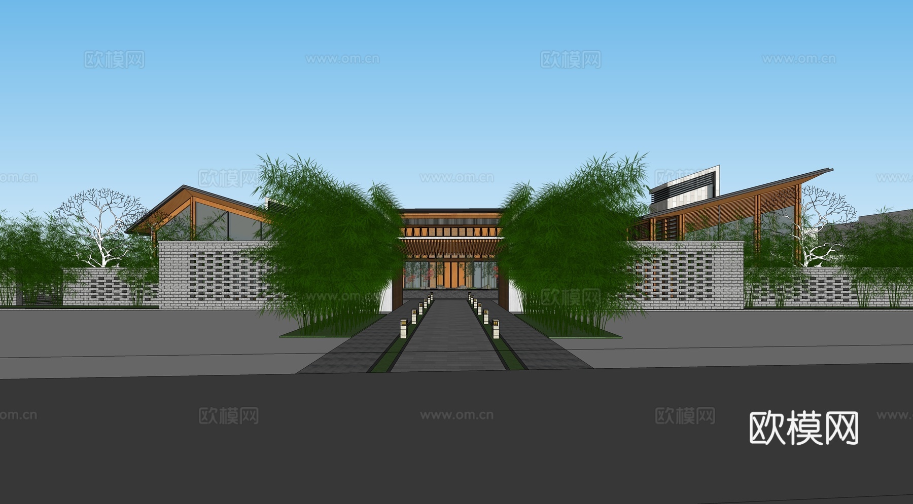 新中式会所外观su模型下载