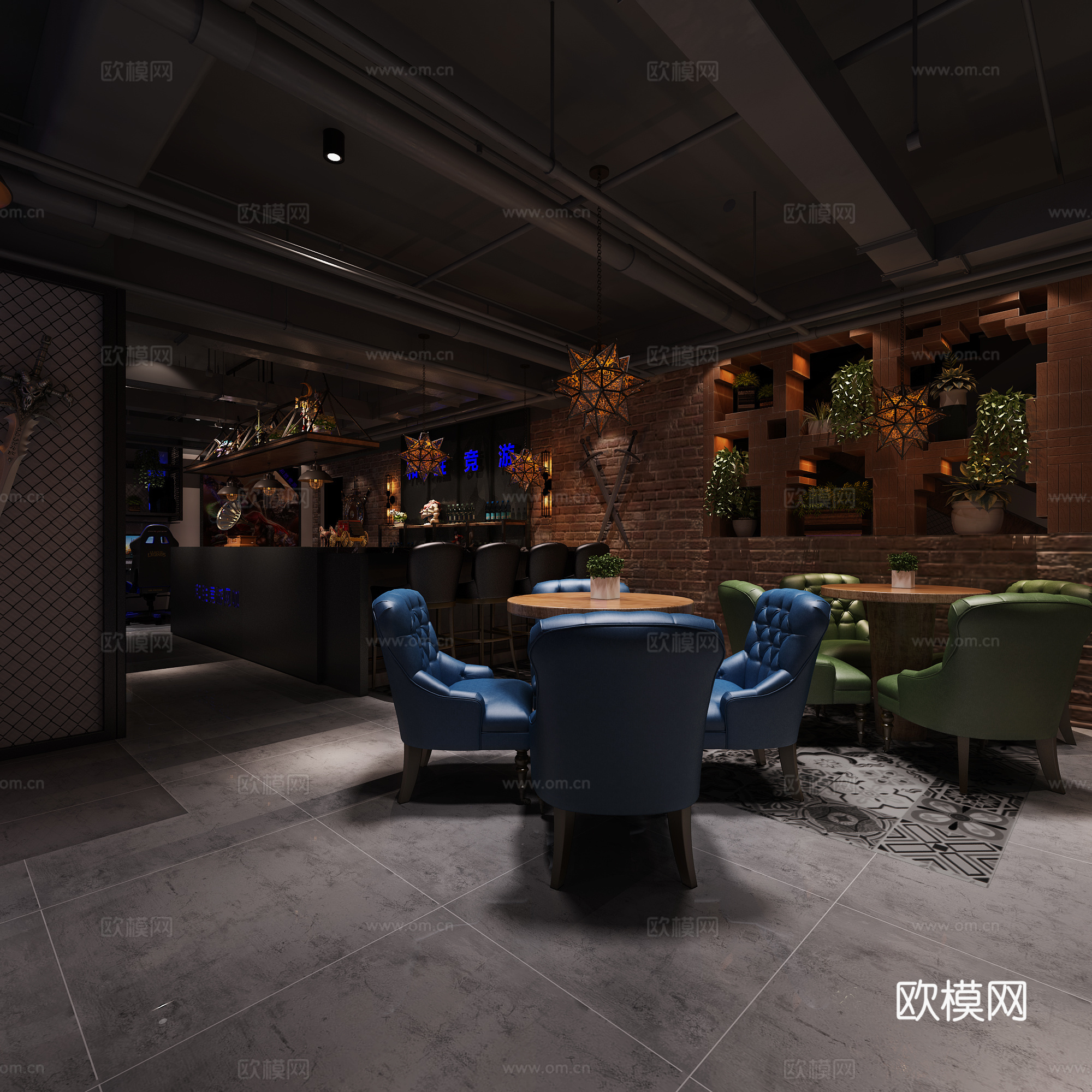 工业风网咖游戏区 水冷主机 雷蛇电脑3d模型