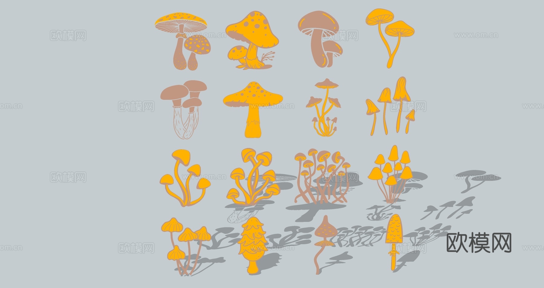 现代植物蔬菜可爱卡通蘑菇剪影图标锈板