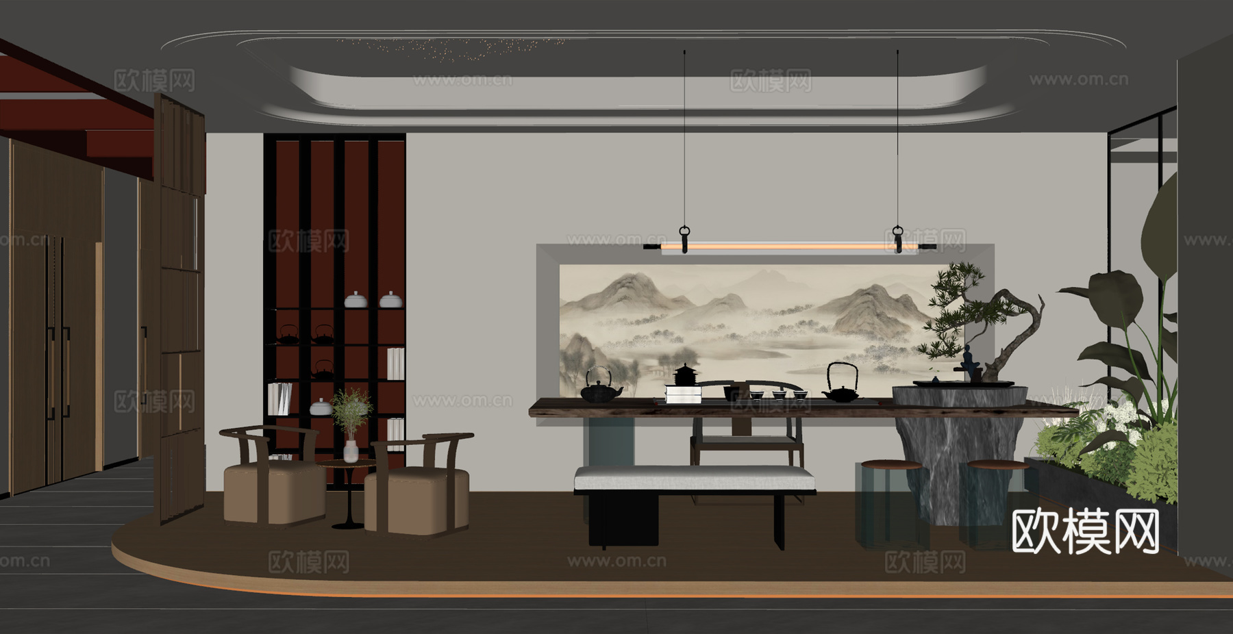 现代轻奢茶室 茶台 单人椅 长凳 墩子 植物 吊灯 展示柜su模型