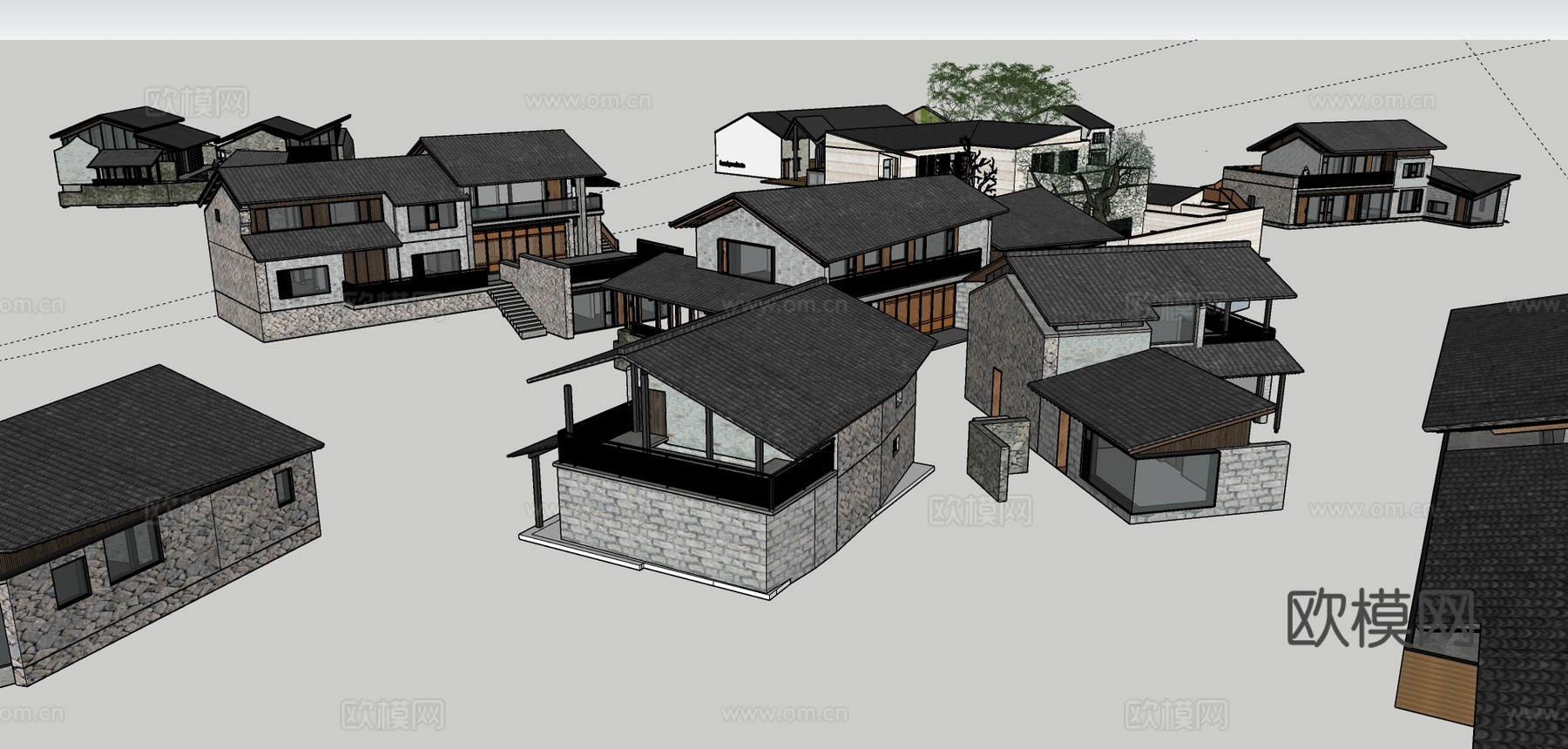 新中式乡村民宿建筑外观su模型下载