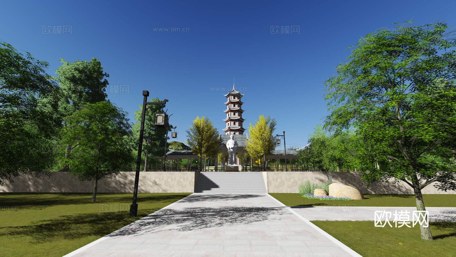 新中式红色观光园su模型下载