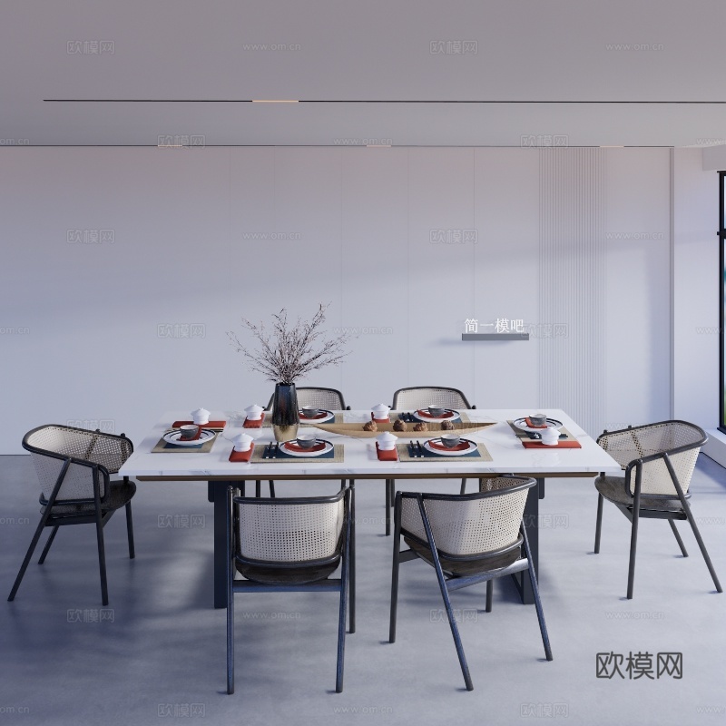 新中式条形餐桌椅su模型下载