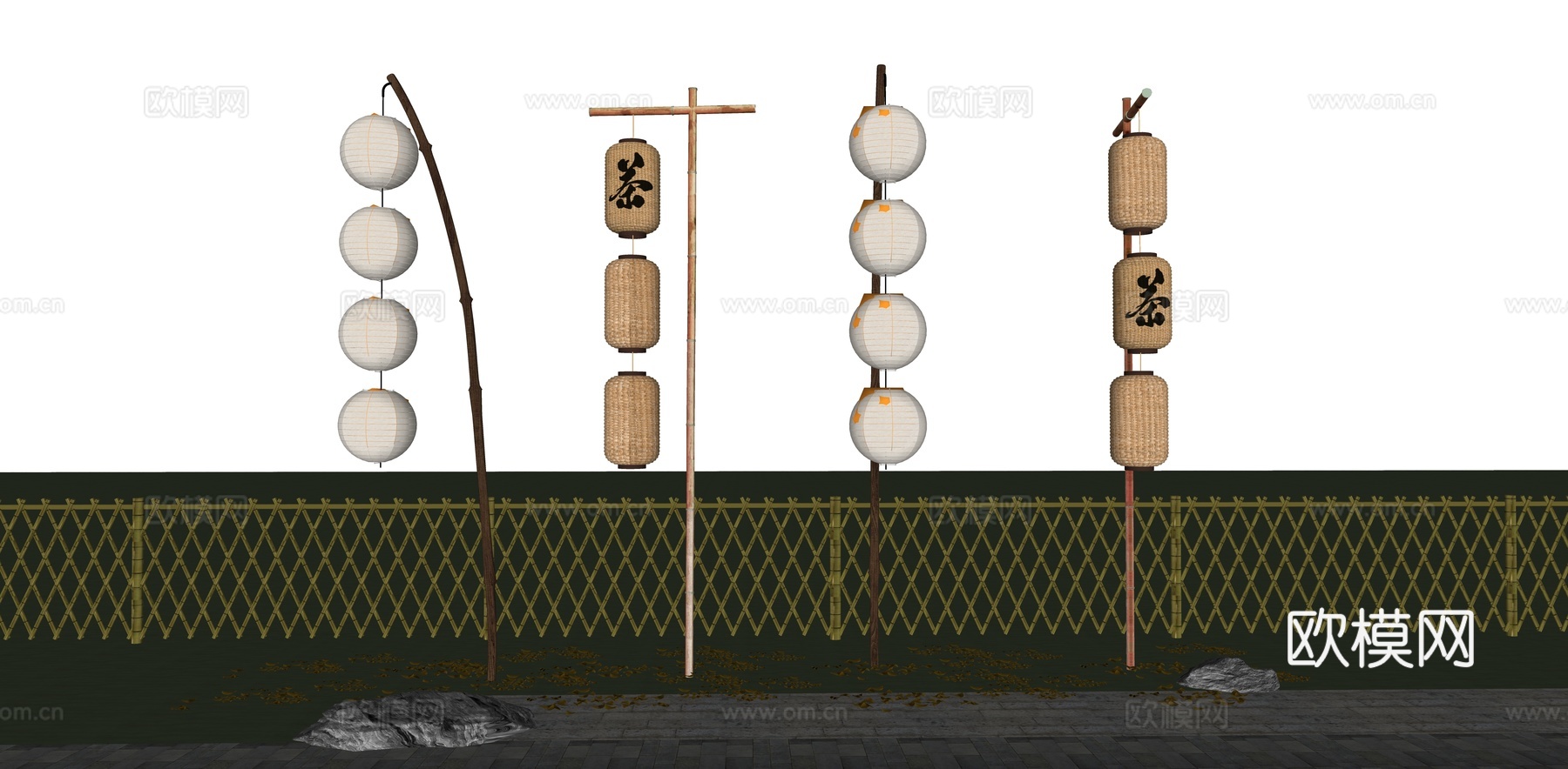 新中式高杆景观竹灯 乡村景观小品 竹灯笼 景观灯 庭院灯su模型下载（渲染图3）