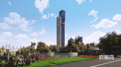 现代广州大学钟楼su模型下载