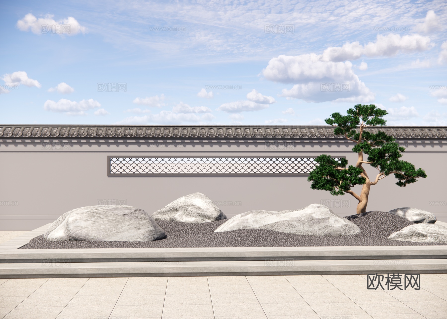 新中式松树山石景观小品su模型下载