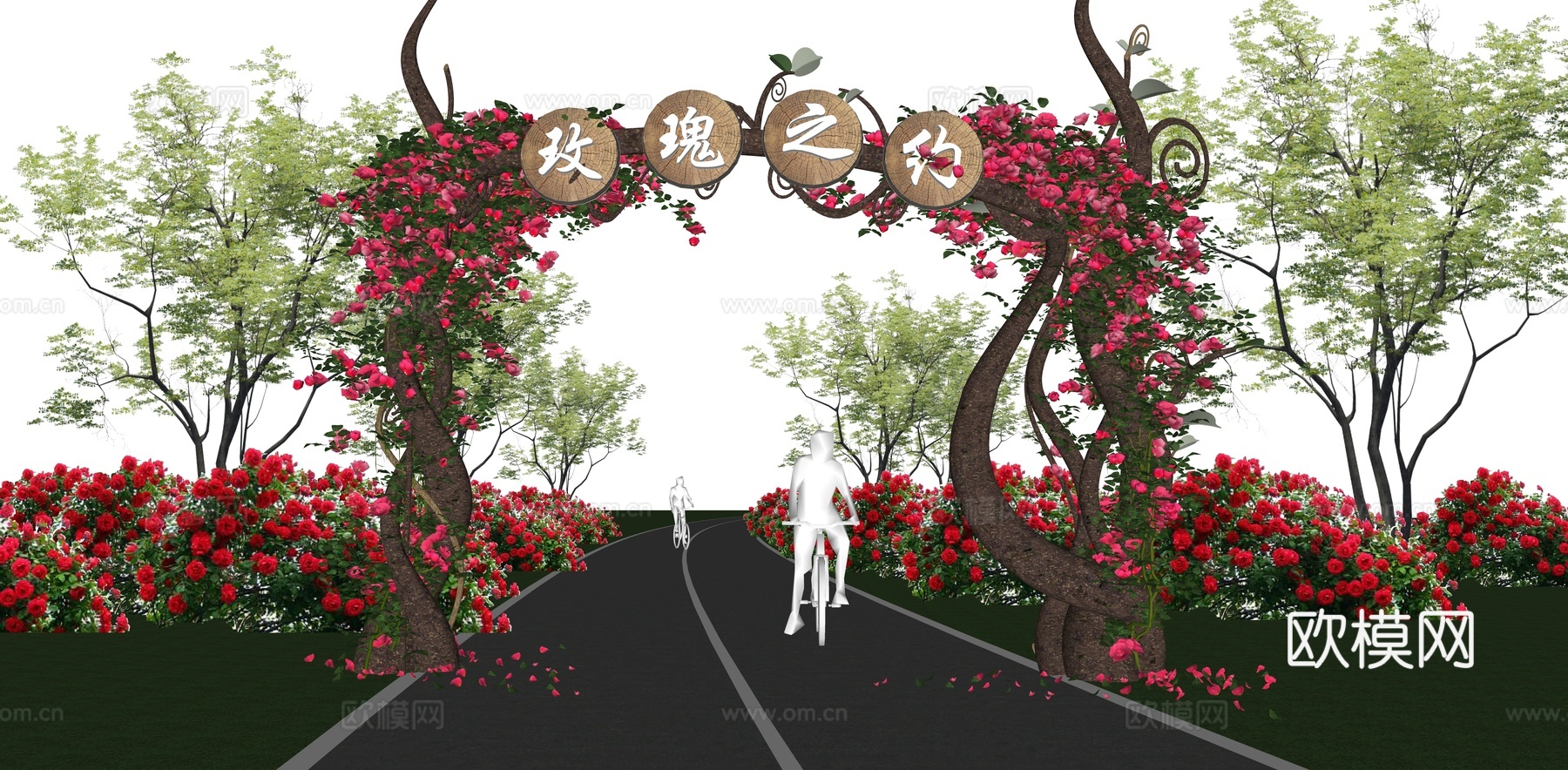 现代玫瑰公园大门 玫瑰爬藤植物 公园景区大门 红玫瑰藤蔓 树su模型