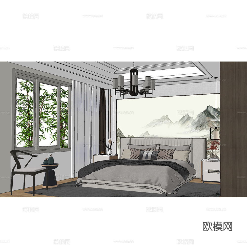 新中式卧室su模型下载