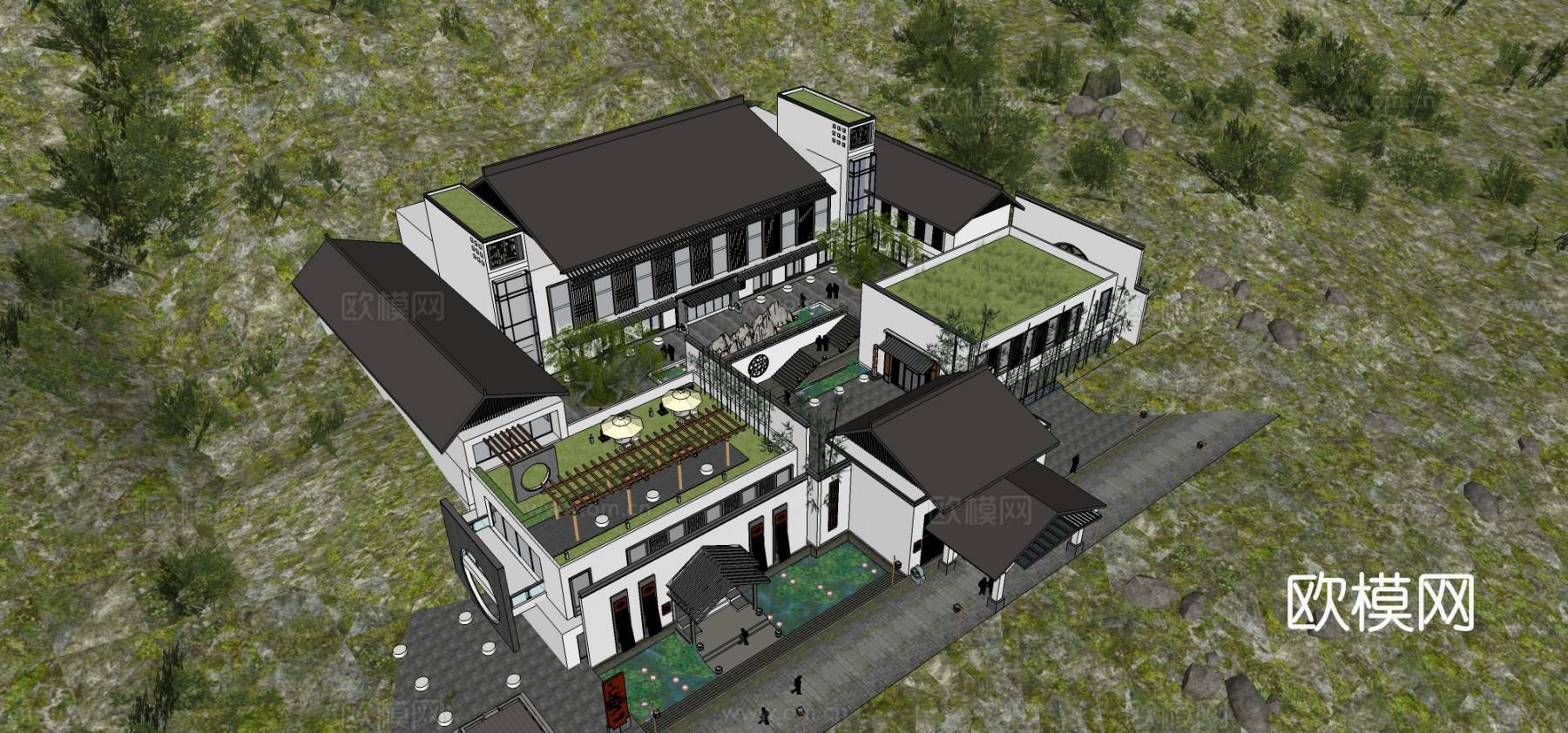新中式酒店外观su模型下载