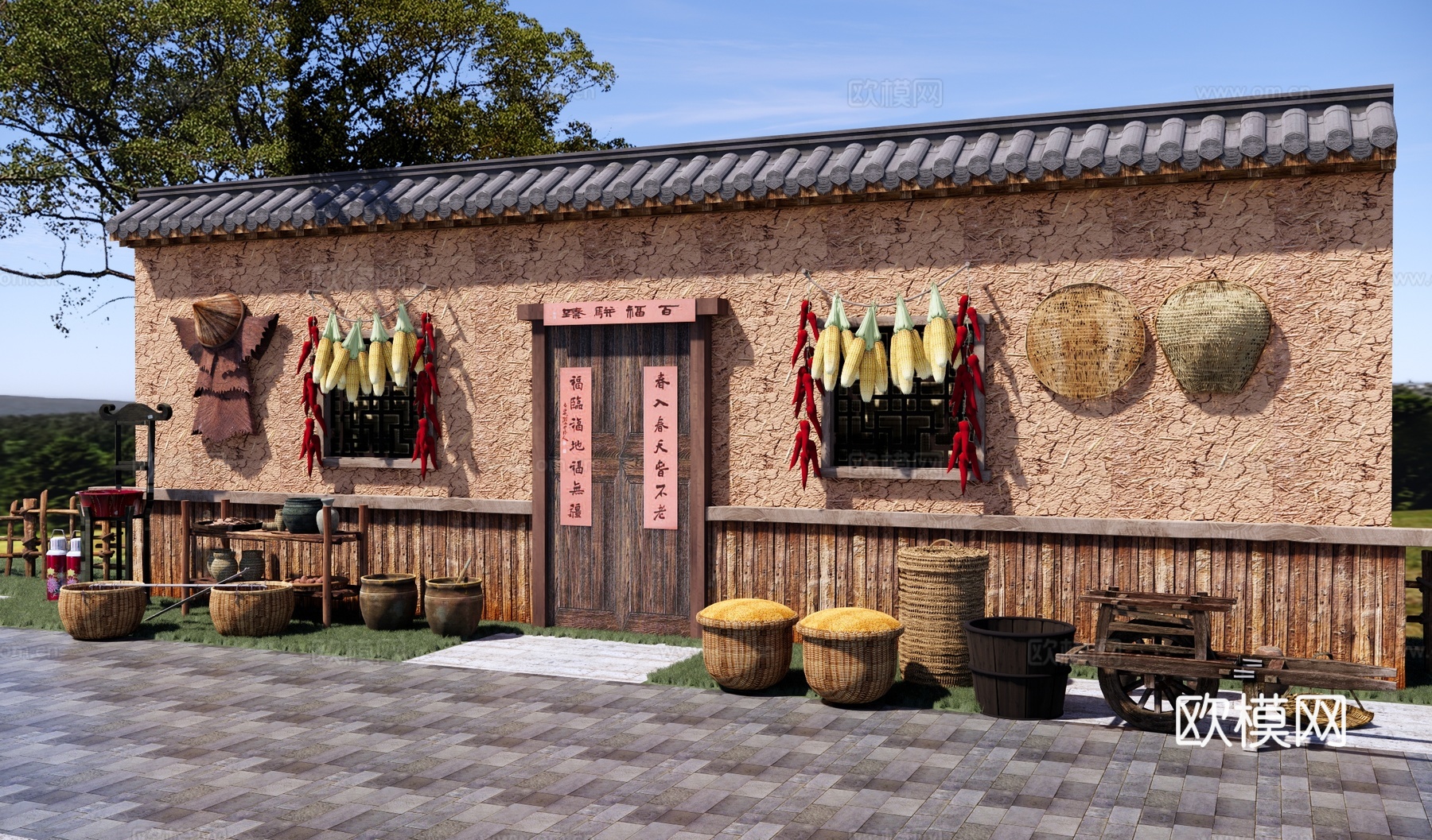 新中式乡村文化墙 乡村夯土景墙 老旧文化墙 民俗文化墙 农具su模型