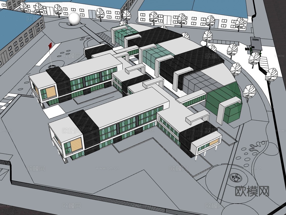 现代工业园建筑外观su模型下载