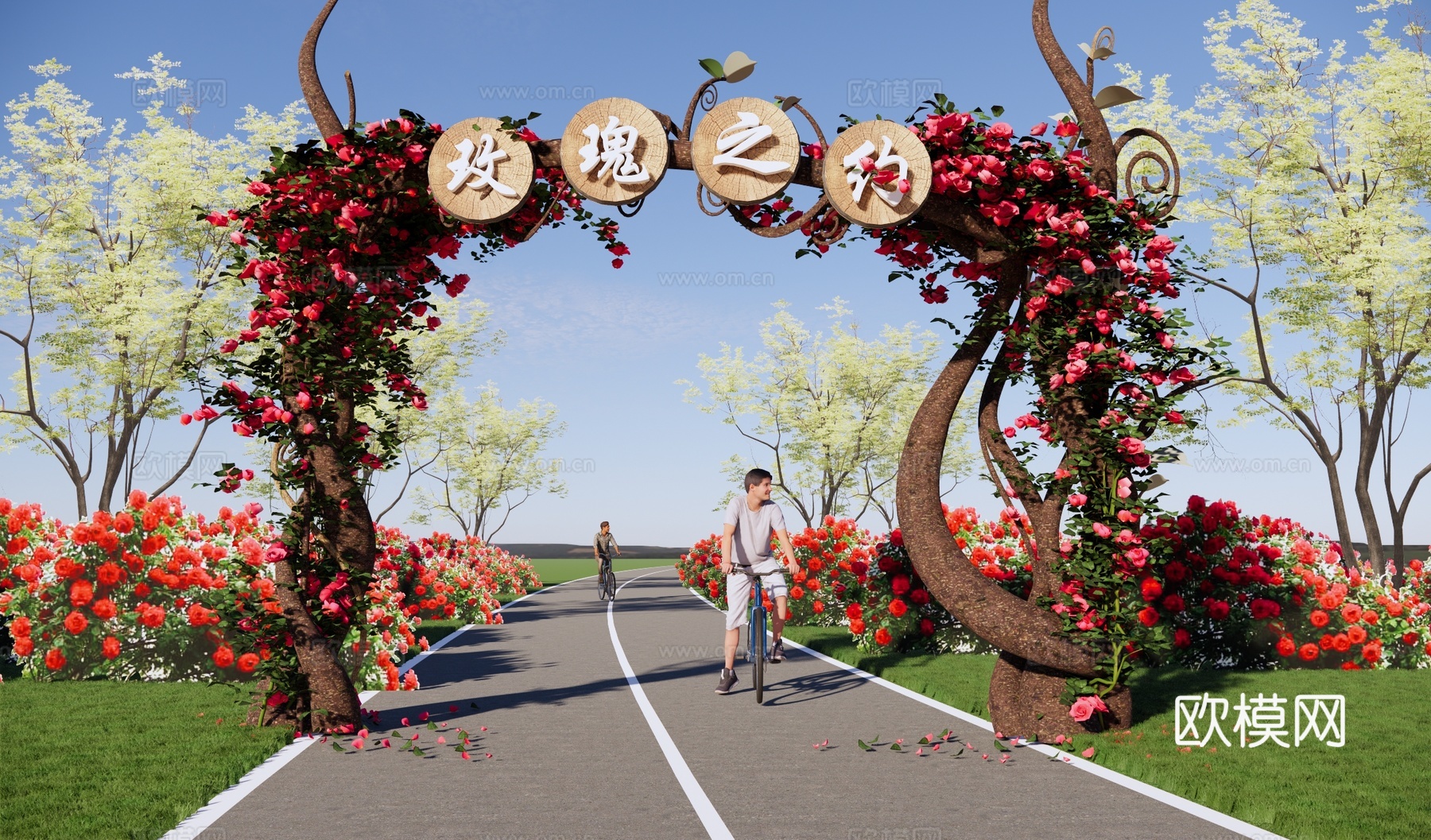 现代玫瑰公园大门 玫瑰爬藤植物 公园景区大门 红玫瑰藤蔓 树su模型