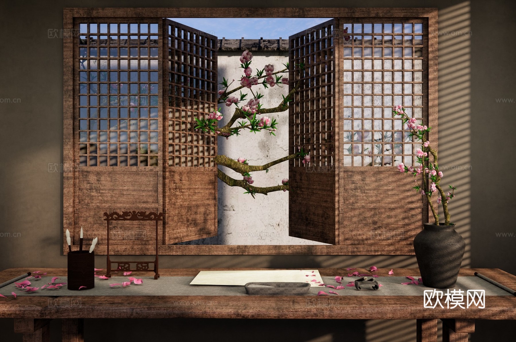 新中式书房画室 中式镂空木窗 中式园林窗景 桃花树桃花枝 室su模型