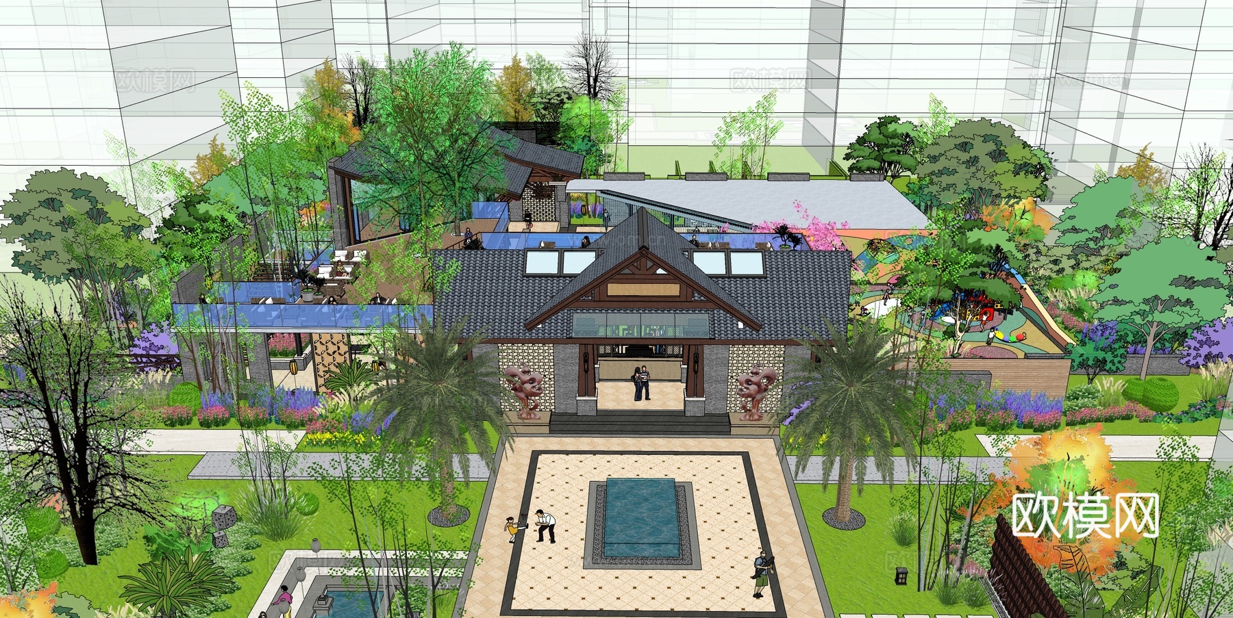 新中式公园景观su模型下载