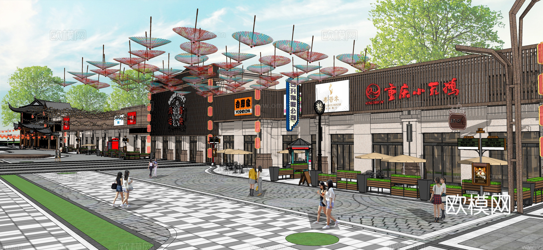 新中式商业街 店招 招牌 店铺门头 花箱外摆座椅 雕塑小品 扇子彩灯su模型下载