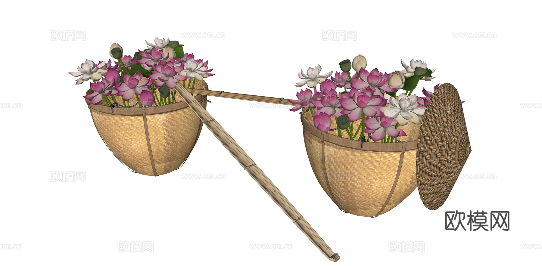 现代其他小品 扁担箩筐荷花 荷花担子 荷花荷叶莲蓬 贩卖荷花su模型