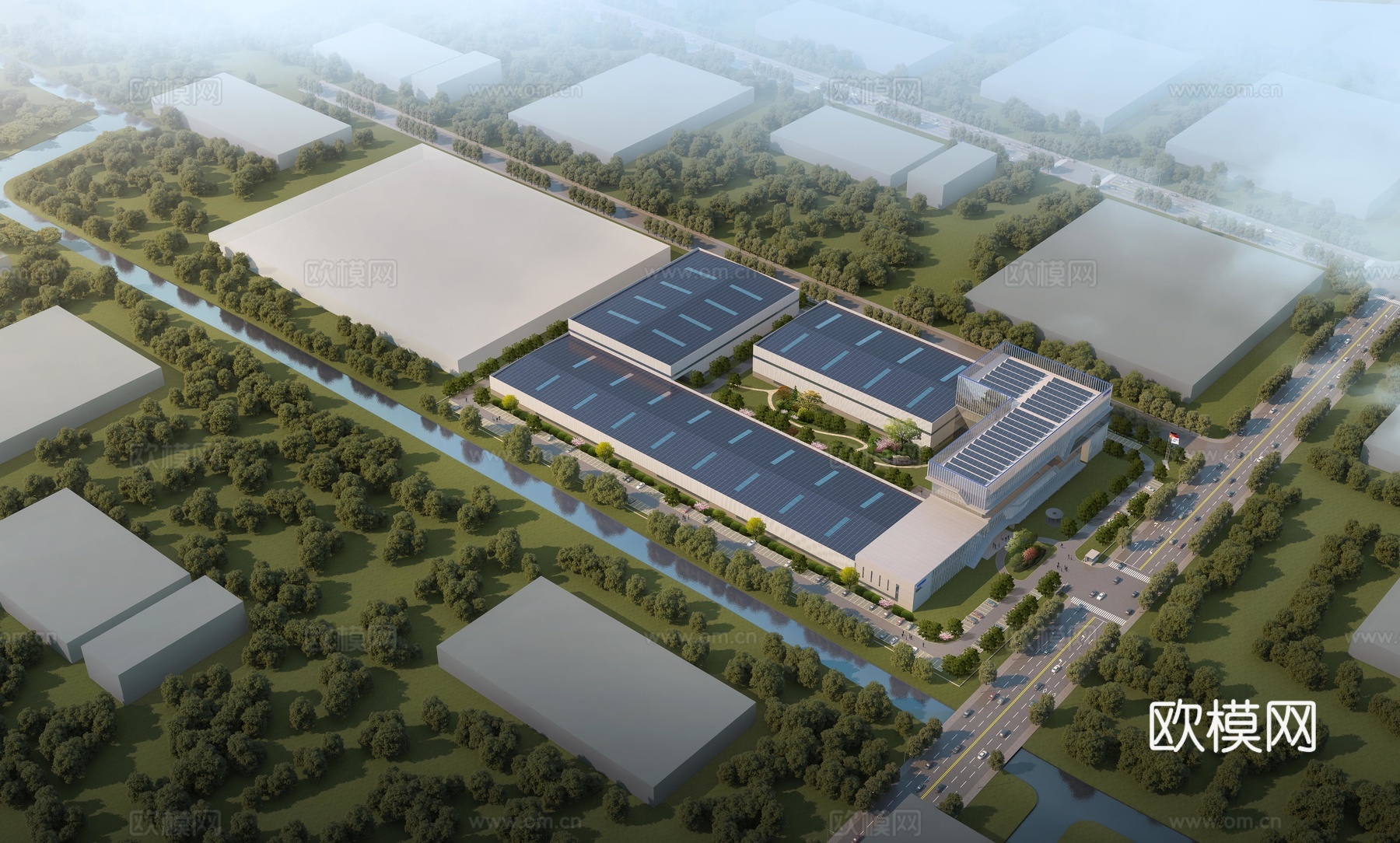 现代工业园区建筑外观su模型下载