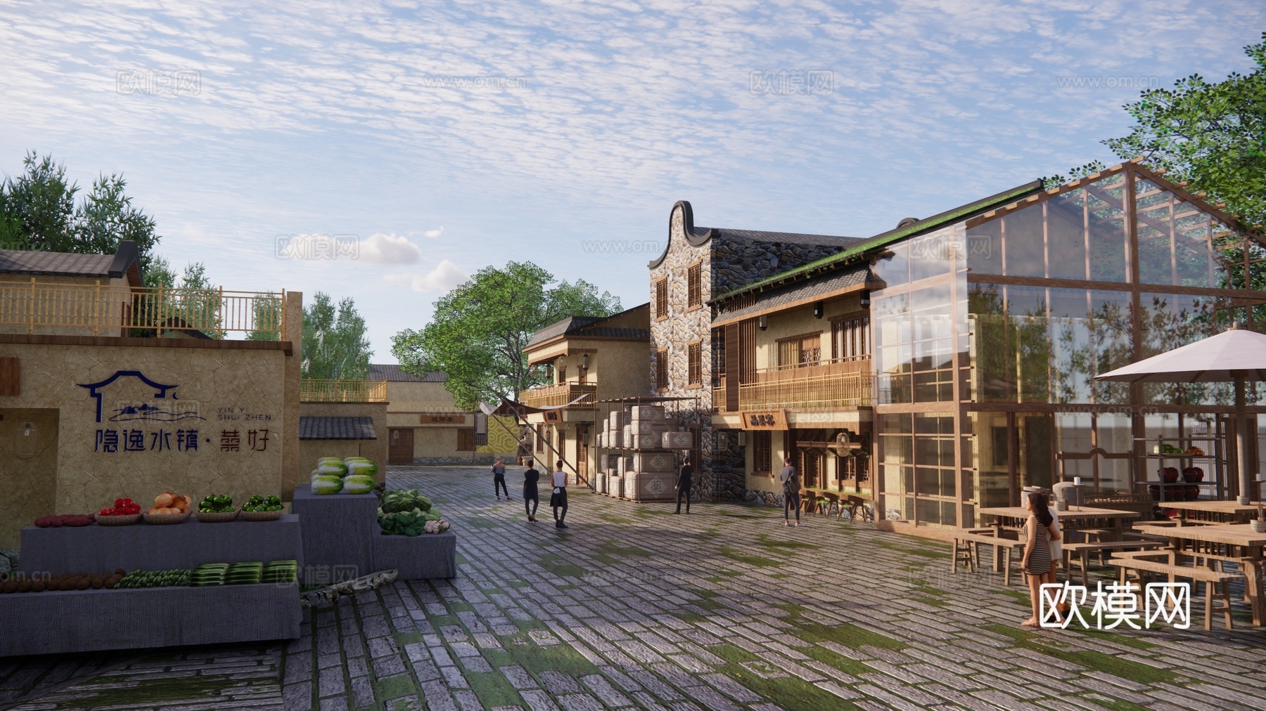 新中式小镇商业街 风貌改造 民宿建筑 餐饮建筑su模型下载