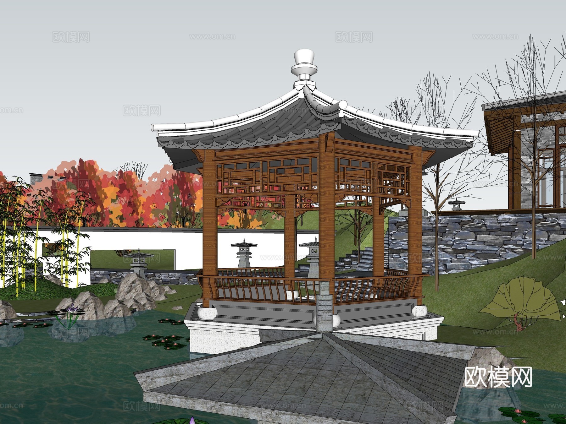 中式古建鸟瞰su模型下载