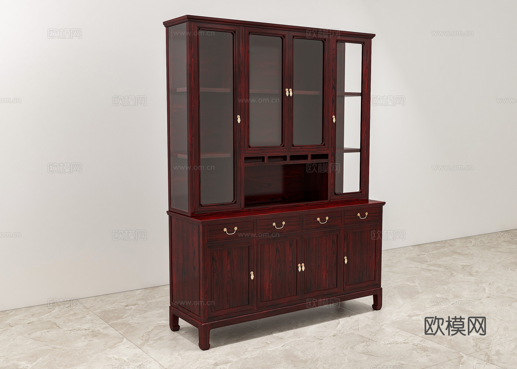 中式书柜 玻璃柜门 实木红木3d模型下载