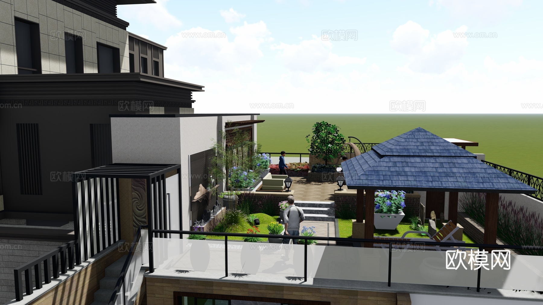 现代屋顶露台 花园su模型下载