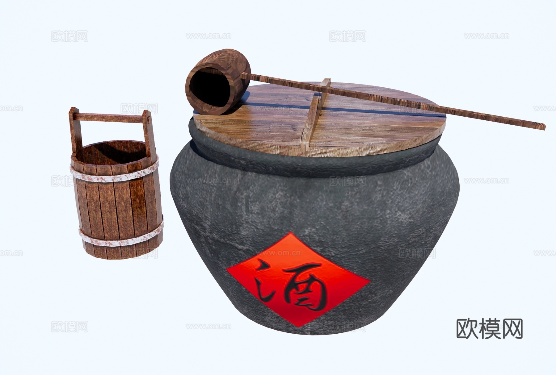 中式庭院小品 中式老旧水缸 酒缸酒坛 酿酒坛子 老物件 木桶su模型