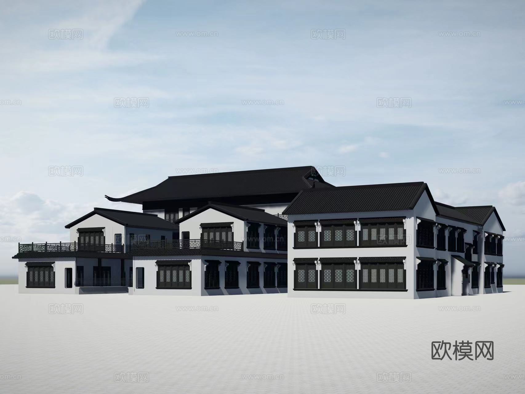 新中式乡村民居建筑外观su模型下载