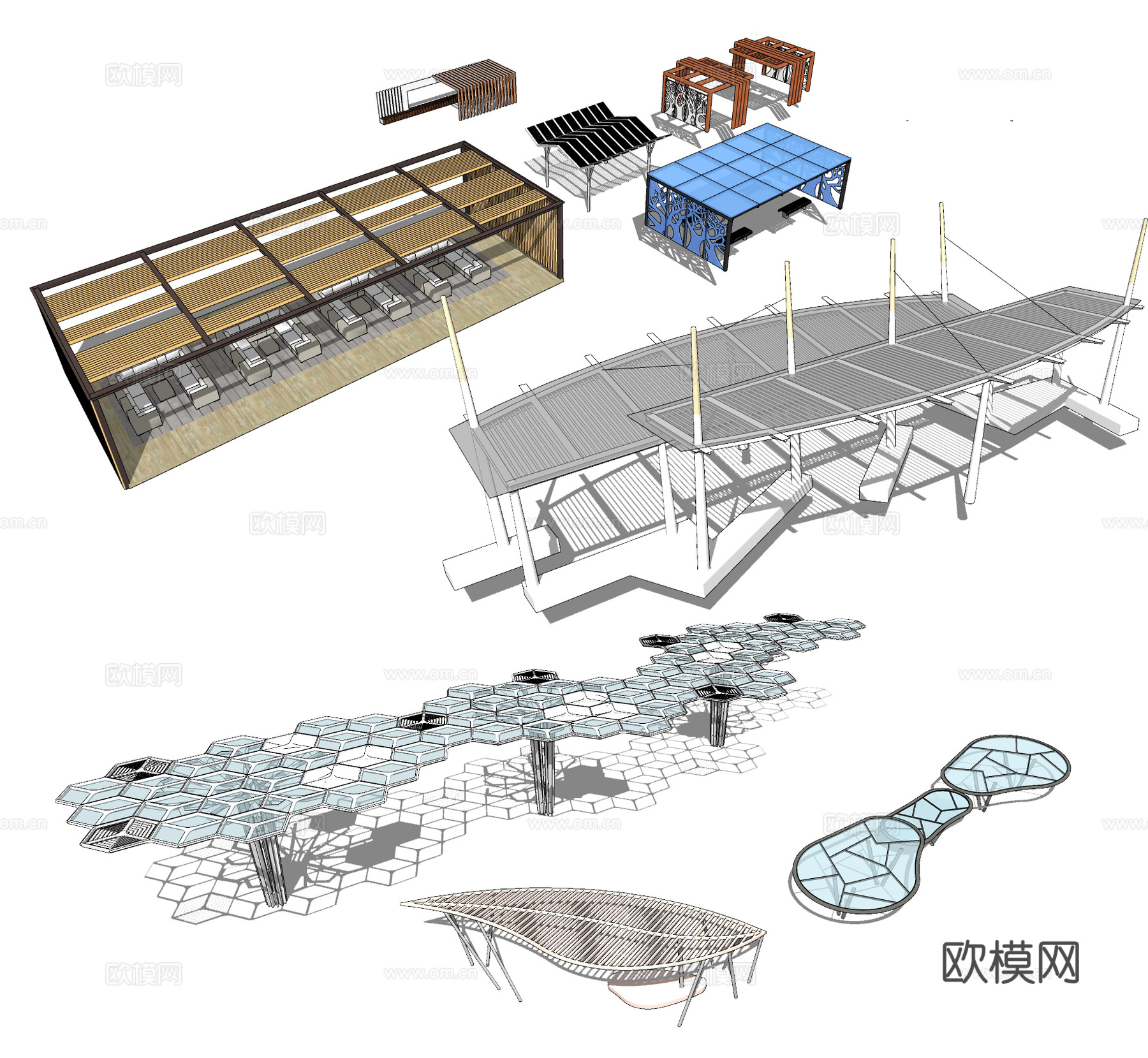 现代创意凉亭廊架连廊su模型下载