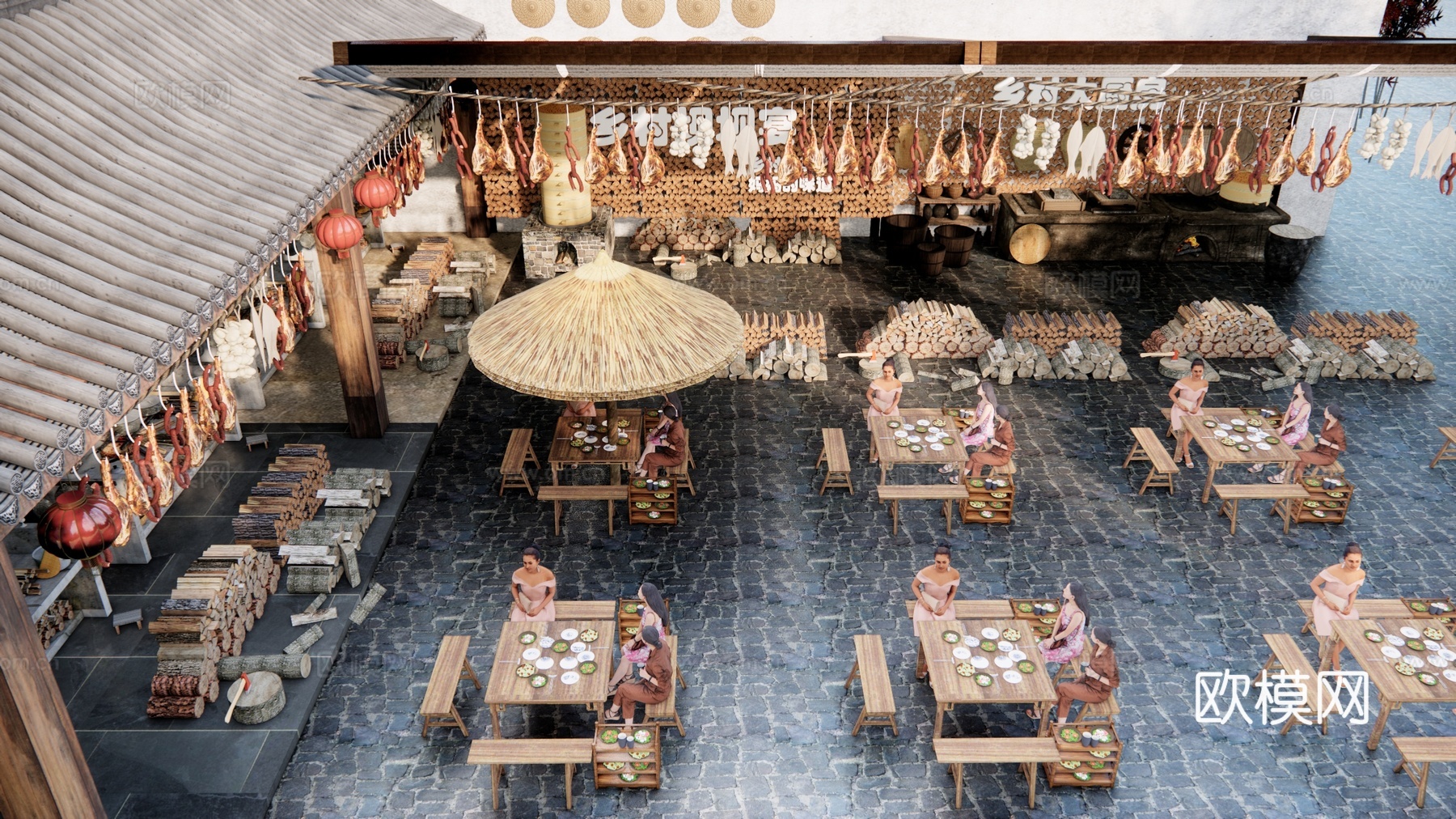现代乡村美食街 火锅庭院 网红餐厅农家乐su模型下载