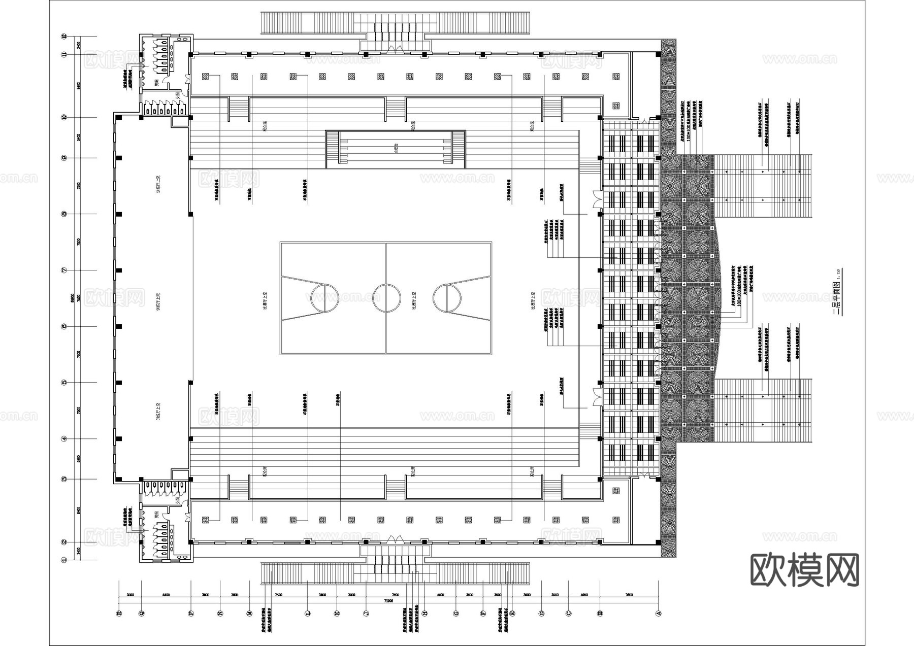 三层篮球场运动场地平面图cad施工图