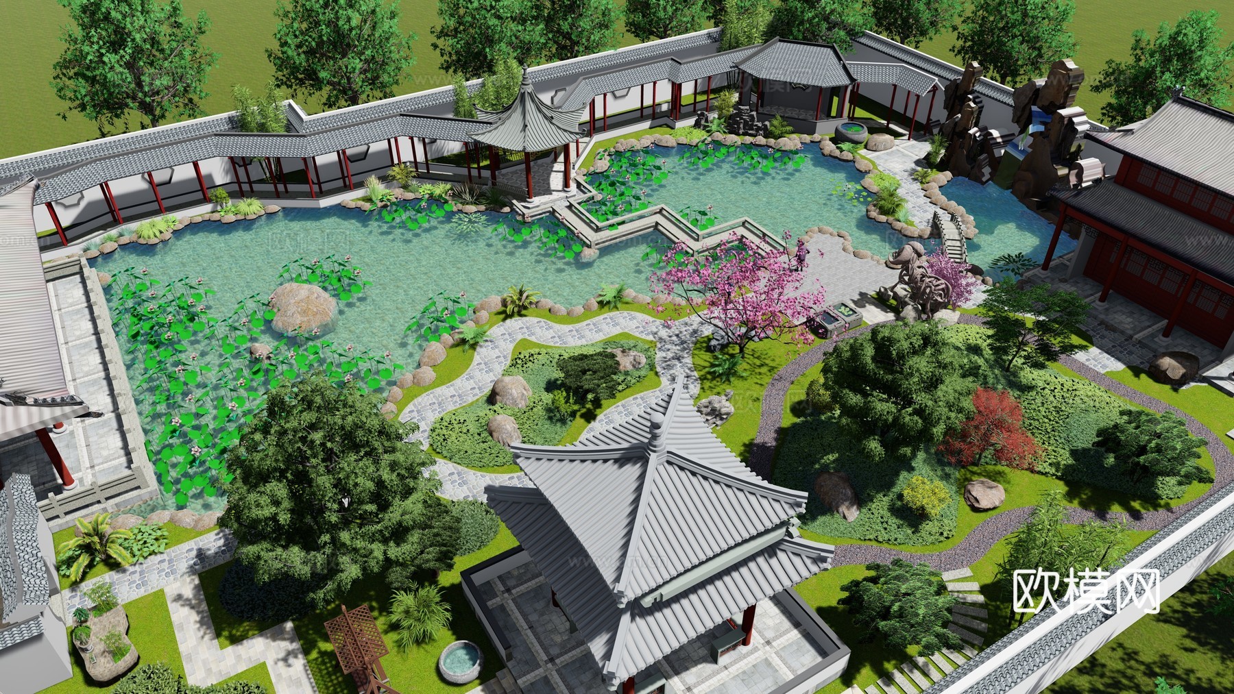 中式乡村庭院 花园su模型下载