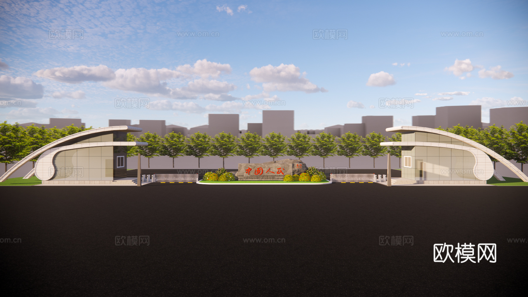现代厂区大门入口su模型下载