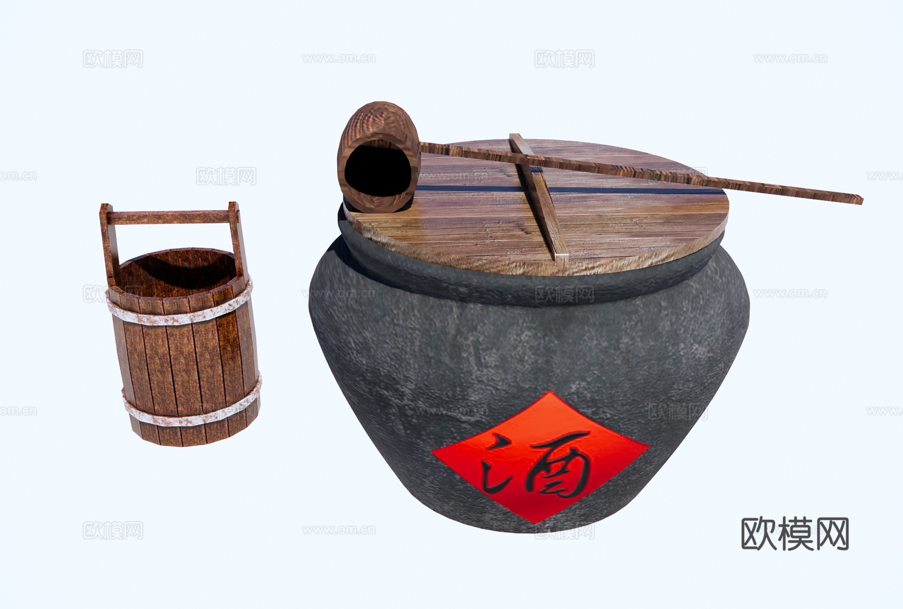 中式庭院小品 中式老旧水缸 酒缸酒坛 酿酒坛子 老物件 木桶su模型