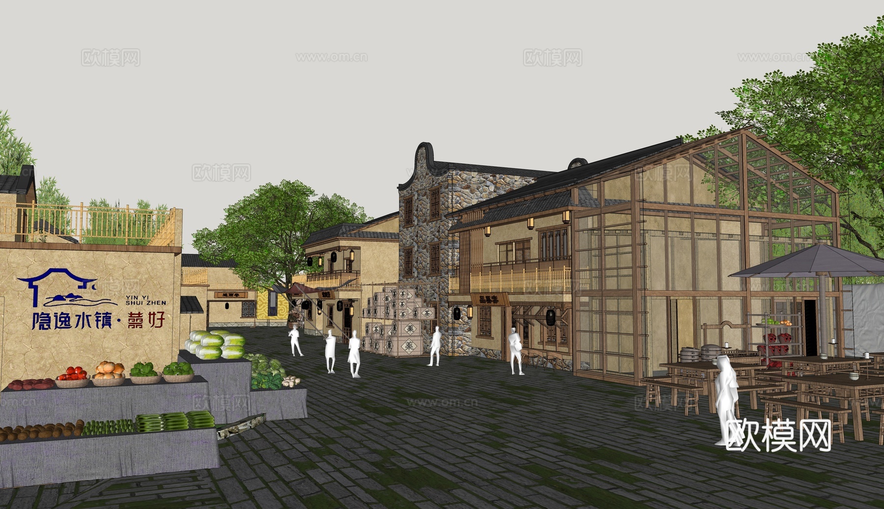 新中式小镇商业街 风貌改造 民宿建筑 餐饮建筑su模型下载