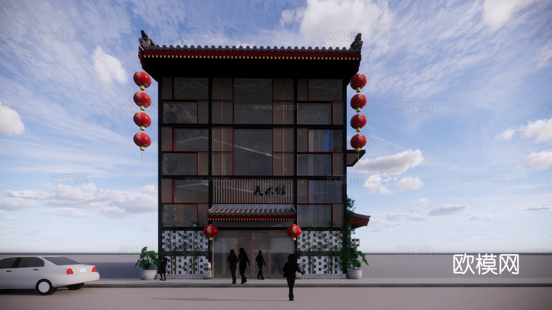 新中式美术馆建筑外观su模型下载